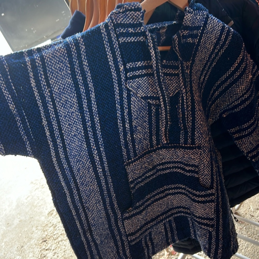 Blue and white drug rug.